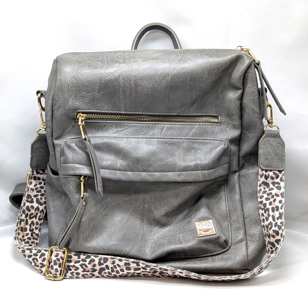 Pink Cove Dawn Backpack Purse Bag Gray Vegan Leather w/ Leopard Print Strap
